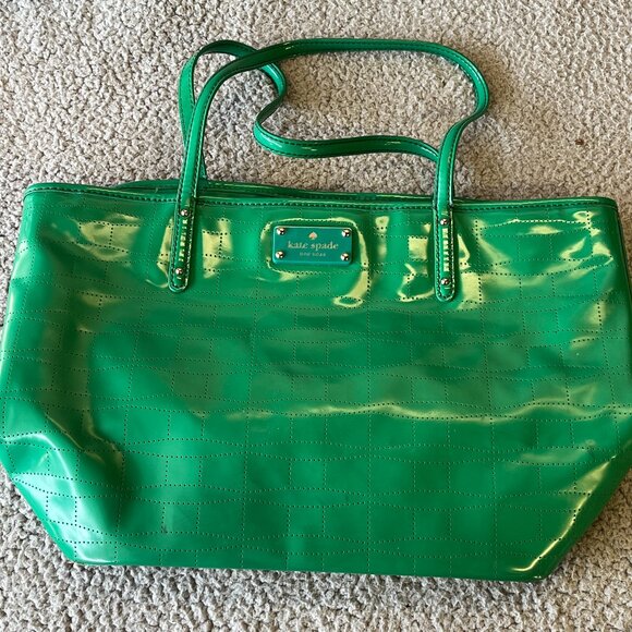 Kate Spade Tote Womens Green Patent Perforated Shoulder Bag Double Handles - Picture 1 of 15